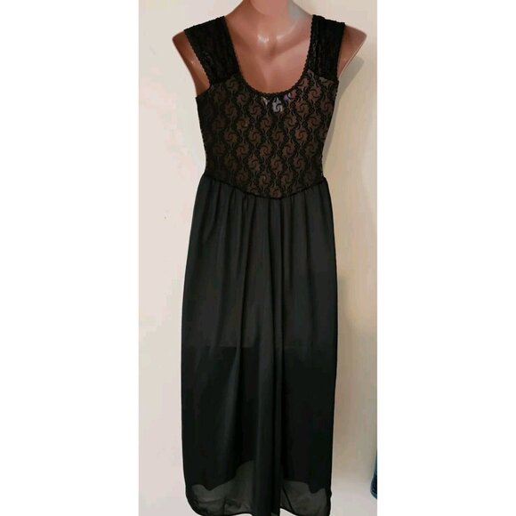 Vintage Gloria Vanderbilt Black Nylon Nightgown Lace Bodice Size M - Picture 4 of 7